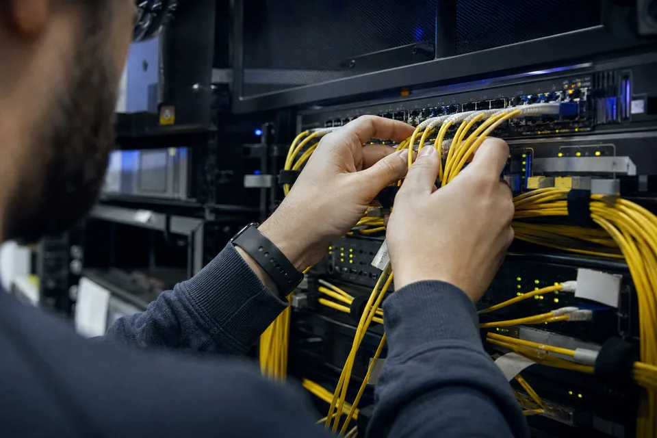 Hands of a network engineer patching yellow fiber cables into a switch in a colocation rack