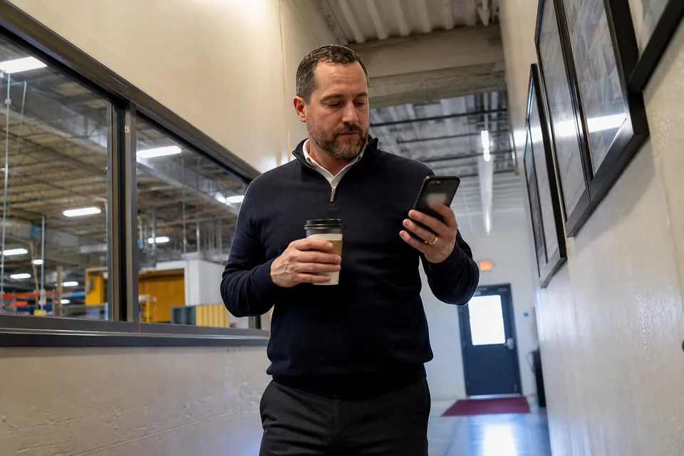 Sales rep walking down an office corridor with a coffee, glancing at his phone, a window to the plant floor behind him