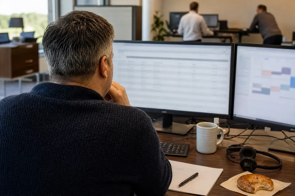 Over the shoulder of a sales rep in a busy open office reading a short list of companies on a monitor, a second monitor showing a calendar, coffee mug and notebook on the desk