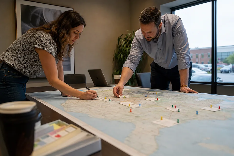Marketing and sales directors leaning over a printed US map with pins and account cards on a conference table
