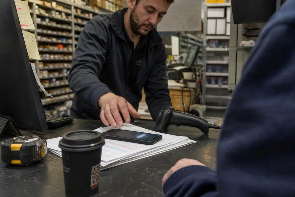 Phone lighting up with a notification on a stack of order forms at a building materials supplier counter, a rep reaching for it