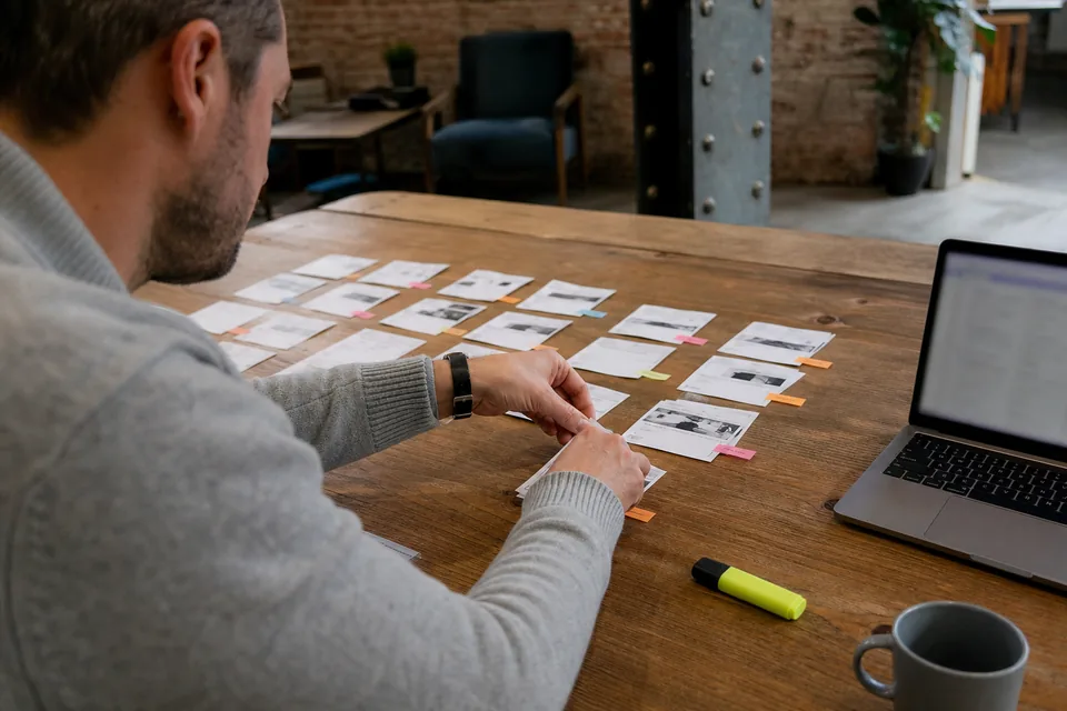 Hands of a RevOps manager sorting printed account cards into columns on a wooden table with sticky tabs and a highlighter