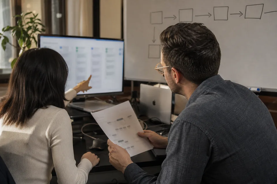 Two RevOps specialists at a desk, one pointing at blurred CRM pipeline columns on a monitor, a whiteboard with boxes and arrows behind them