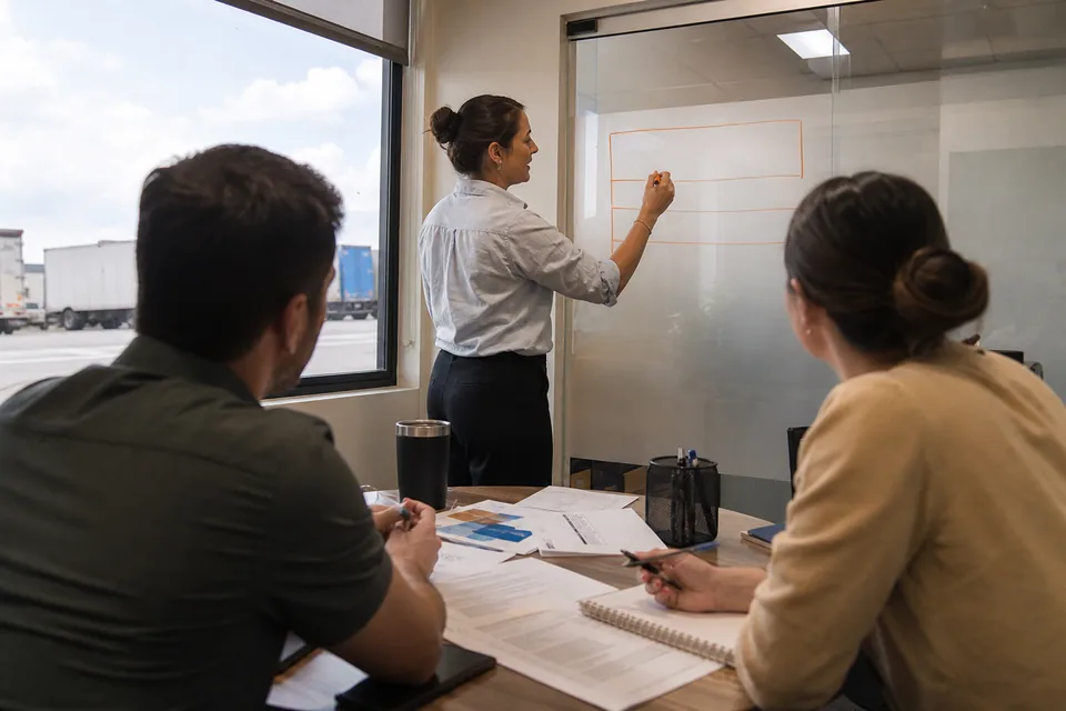 Sales manager drawing three bands on a glass wall with an orange marker while two reps take notes in a logistics company office